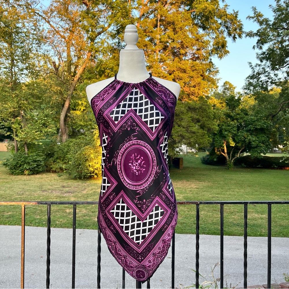 Vintage Y2K Lipstick handkerchief hem halter tank top black purple medium